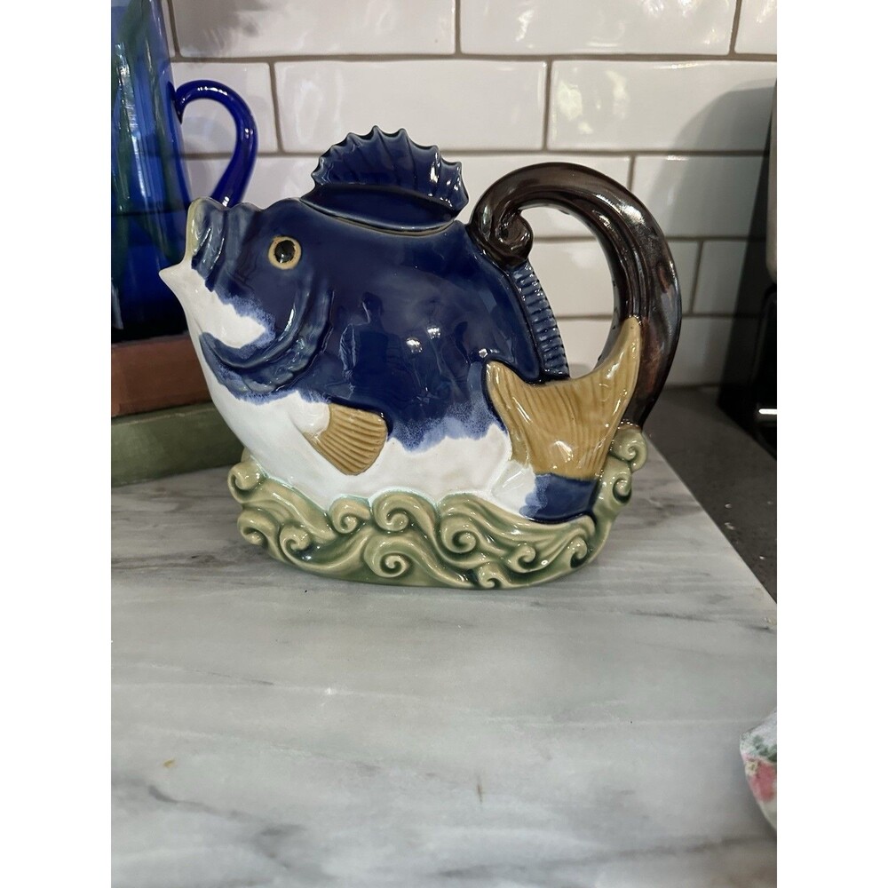 VTG Majolica Swimming Blue Fish Nautical Pitcher Y2K Coastal Core
